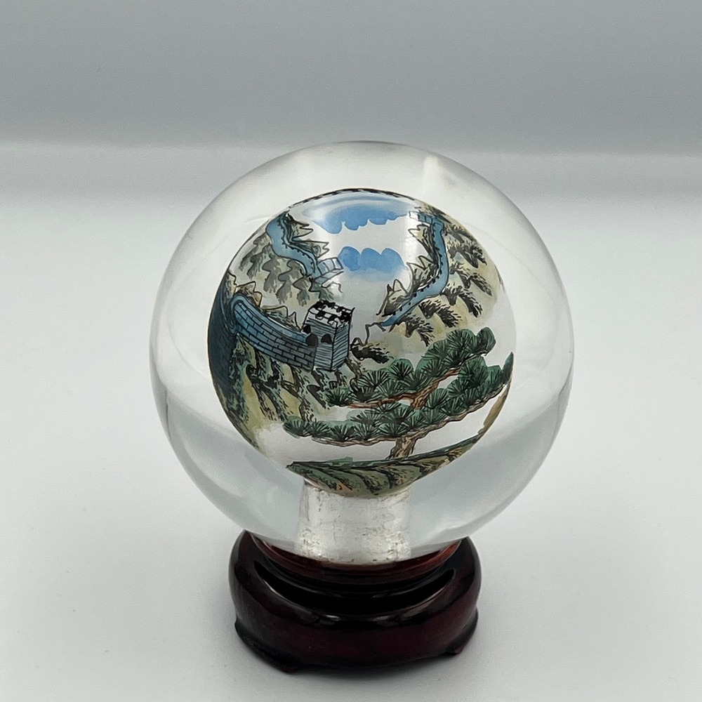 Vintage Great Wall Of China Glass Crystal Ball Sphere With Wood Stand